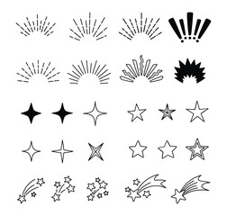 Vector Set of Hand-Drawn Sunbursts, Stars, and Sparkle Icons - Black and White Illustrations for Highlight, Attention, and Celebration Designs.