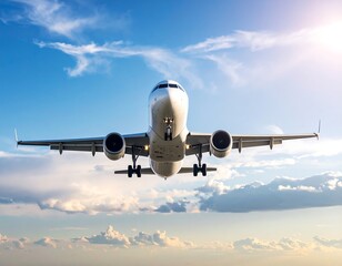 A white passenger jet descends through a partly cloudy sky, landing gear extended