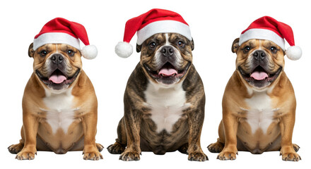 Three bulldogs wearing Santa hats isolated on transparent background