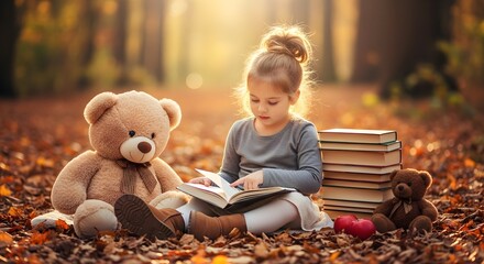 A little girl reading a book with teddy bears in the forest