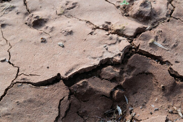 Abstract rough texture of cracks in dry soil. Close-up shot of clay surface cracking and splitting...