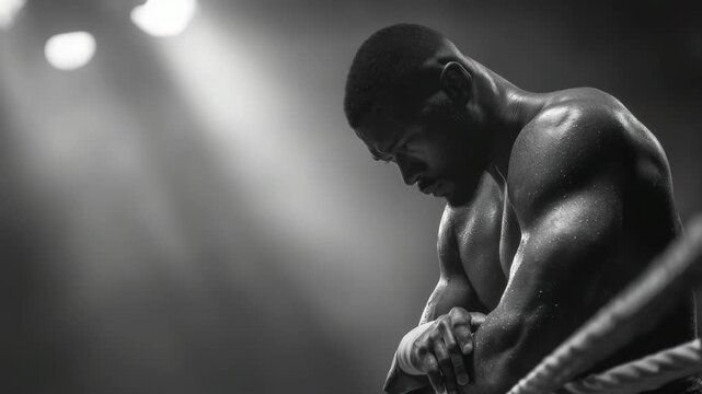 Monochrome shot captures the intense determination of a boxer in the ring corner
