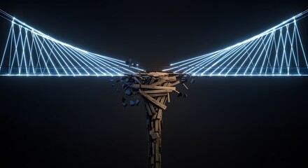 A modern light bridge reveals a single, crumbling wood support, a powerful metaphor for a fatal flaw, technical debt, and a hidden systemic risk