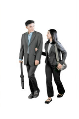 Happy business partners walking together, isolated on white background