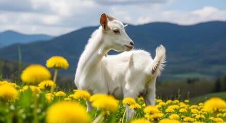 White goat standing in a field of yellow dandelion flowers