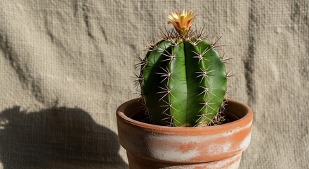 Blooming Echinopsis Subdenudata Cactus in Terracotta Pot against Textured Background