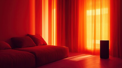Modern, minimalist living room with vibrant red tones, warm sunlight streaming through sheer orange curtains.