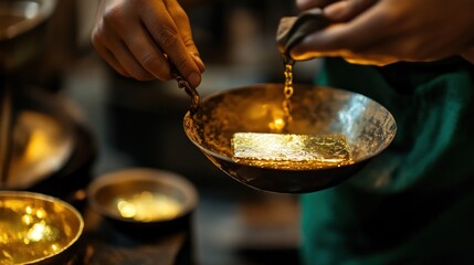 Goldsmith pouring molten gold into a crucible.