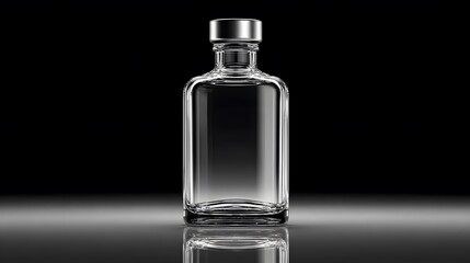 Sleek glass bottle with metal cap on a mirrored surface, symmetrical reflection, no text or logo