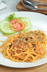 Pasta spaghetti bolognese with minced beef sauce and tomatoes, one of the restaurant menus in Jakarta