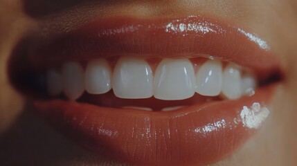 Close-up of a woman's mouth with healthy, bright teeth and glossy pink lips.