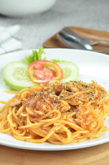 Pasta spaghetti bolognese with minced beef sauce and tomatoes, one of the restaurant menus in...
