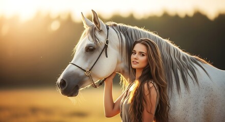 Obraz premium Captivating bond: A beautiful woman embraces her magnificent white horse at sunset