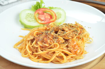 Pasta spaghetti bolognese with minced beef sauce and tomatoes, one of the restaurant menus in Jakarta