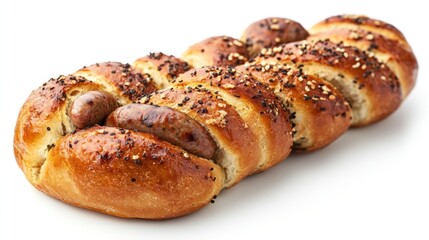 Sausage bread roll, topped with sesame seeds,  isolated on white background.