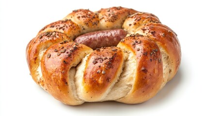 Round braided bread with sausage inside, sprinkled with seeds.