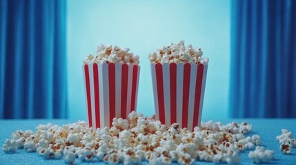 Two red and white striped popcorn containers with popcorn spilled around them, on a light blue surface in front of a blue curtain background.