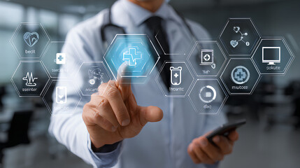 Healthcare provider operating digital health interface, secure, efficient, and modern approach to health information management. medical app, healthcare system, secure data, and doctor office.