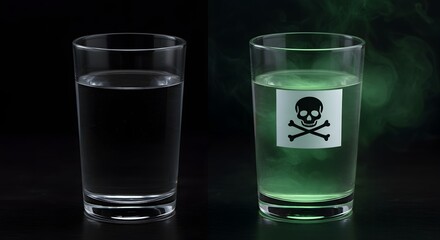 A glass of pure water labeled with a poison symbol emits a sickly aura, a powerful metaphor for the nocebo effect and how negative belief can cause harm.