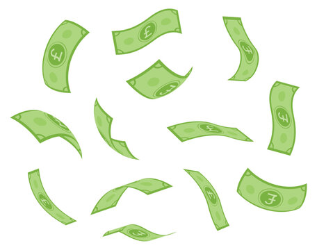 Flying British pound currency notes, green banknotes in air, flat vector money illustration of £ symbol bills floating and falling, isolated on white background, perfect for finance and economy design