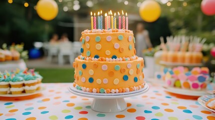 Colorful two-tiered birthday cake with candles on a decorated table outdoors at a party.