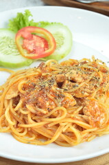 Pasta spaghetti bolognese with minced beef sauce and tomatoes, one of the restaurant menus in Jakarta