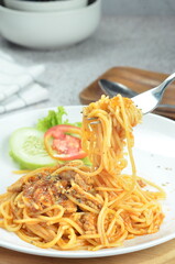 Pasta spaghetti bolognese with minced beef sauce and tomatoes, one of the restaurant menus in Jakarta