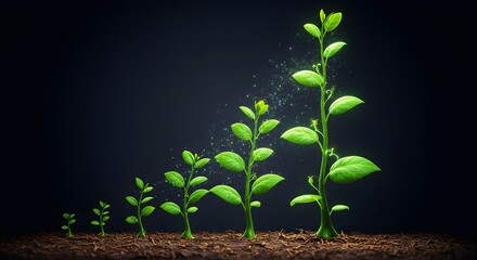 A beautiful plant with glowing vines shows diminishing returns as its upper leaves grow smaller, a metaphor for declining productivity and the limits of growth