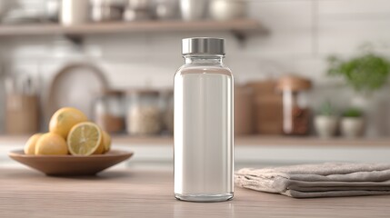 Obraz premium Clear bottle with metal cap in a kitchen setting with neutral tones, no text or logo