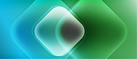 Abstract geometric shapes, glowing bluegreen gradients. Rounded squares overlap creating depth, light effects present. Modern digital design.