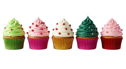 Five colorful cupcakes with frosting and sprinkles isolated on transparent background
