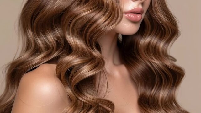 Elegant wavy hair flows gracefully, showcasing beauty and style in a close-up portrait.
