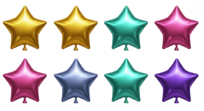 Collection of shiny metallic star balloons isolated on transparent background