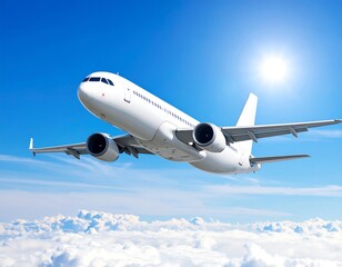 Obraz premium A white passenger jet plane soars above a fluffy sea of clouds under a bright sun