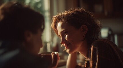 A warm morning moment between two women in a sunlit kitchen, an LGBTQ+ couple sharing coffee and love in a peaceful, intimate home setting