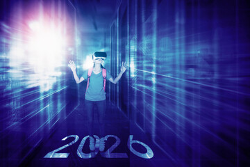 Young woman wearing a VR headset, experiencing a futuristic virtual world with the year 2026.