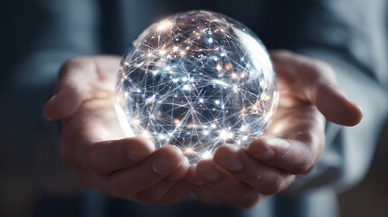 Holding Glowing Digital Globe World with Network Connections in Open Hands