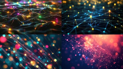 Abstract collection glittering light waves, dots connected by glowing lines