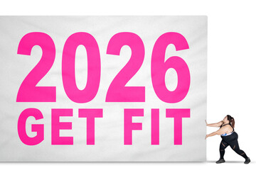 Overweight woman pushing a large sign with 
