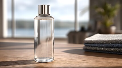 Sleek transparent bottle with metal cap in a high-end spa environment, no text or logo