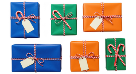 Assortment of wrapped gifts with ribbons and tags isolated on transparent background