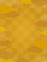 金色の市松模様と和柄の雲の背景・フレーム素材（縦向き）