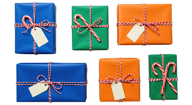 Assortment of wrapped gifts with ribbons and tags isolated on transparent background