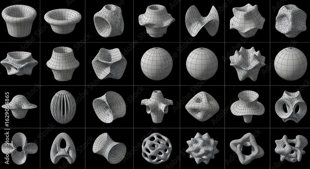 Poster a collection of abstract, three-dimensional geometric shapes displayed on a dark background.