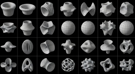 A collection of abstract, three-dimensional geometric shapes displayed on a dark background.