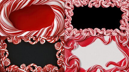 Four holiday frames candy cane swirls form borders on red, black, and white backgrounds
