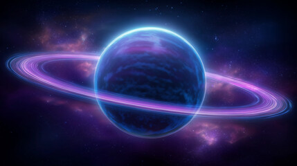Obraz premium A majestic planet with glowing rings floating in a star-filled cosmic landscape.