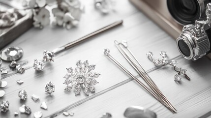 Silver jewelry making tools and sparkling crystals arranged on a white wooden surface near a vintage camera.