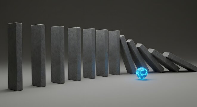 A glowing catalyst sphere triggers a massive domino effect in a stone line, a metaphor for a chain reaction, systemic change, and the power of a single action.