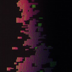 Fototapeta premium Abstract digital art. Vertical stream of glowing pixels in pink, purple, and green hues against a black background. Ideal for tech, data, or futuristic themes.